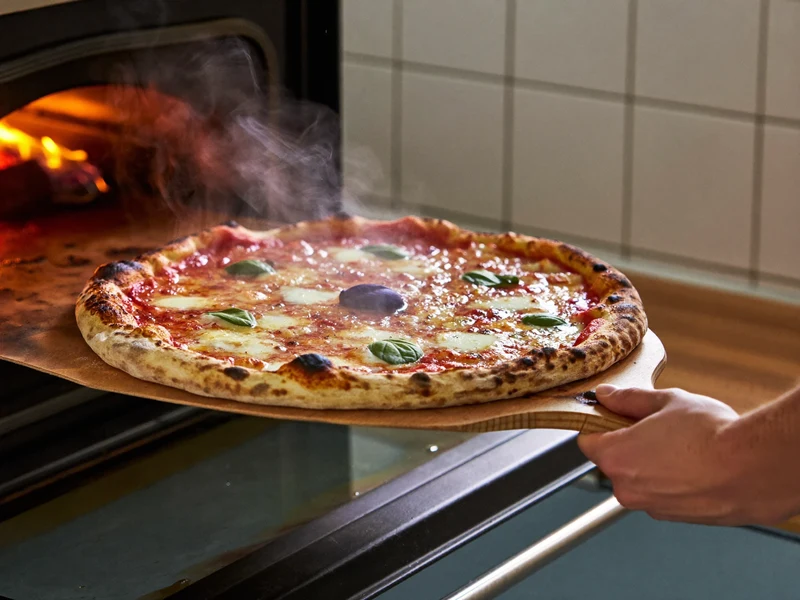 Frisch gebackene Pizza wird auf einer Holzschaufel aus dem heissen Ofen gehoben