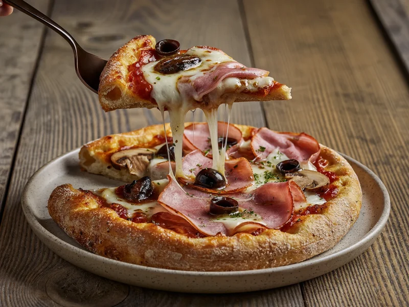 Pizza mit Schinken, Pilzen und Oliven auf matter Keramikplatte