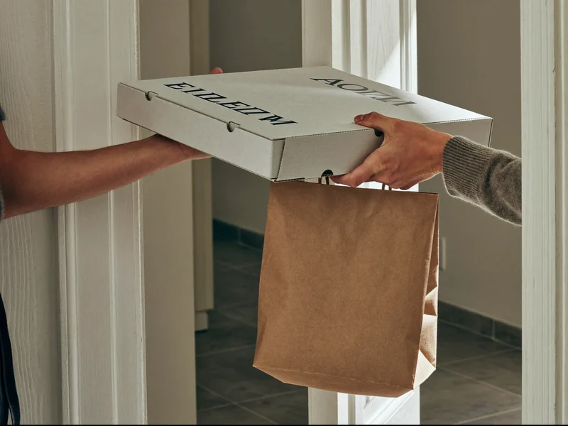 Übergabe von Pizzakarton und Papiertüte an einer Wohnungstür am Morgen